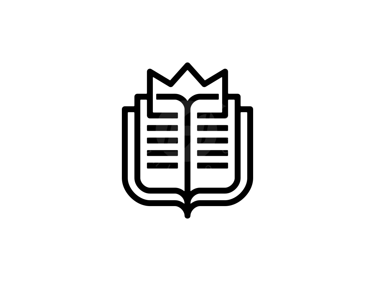 Luxury King Of Knowledge Logo, Black line art depicts an open book seamlessly integrated with a crown on a solid white background.