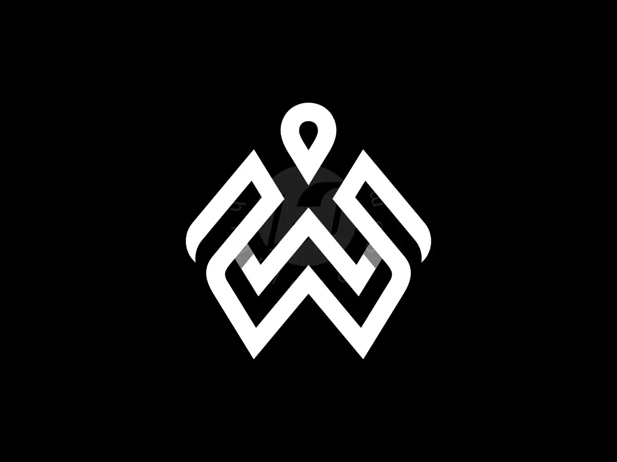 White geometric lines form a letter W and M logo featuring a map pin water droplet on black background.