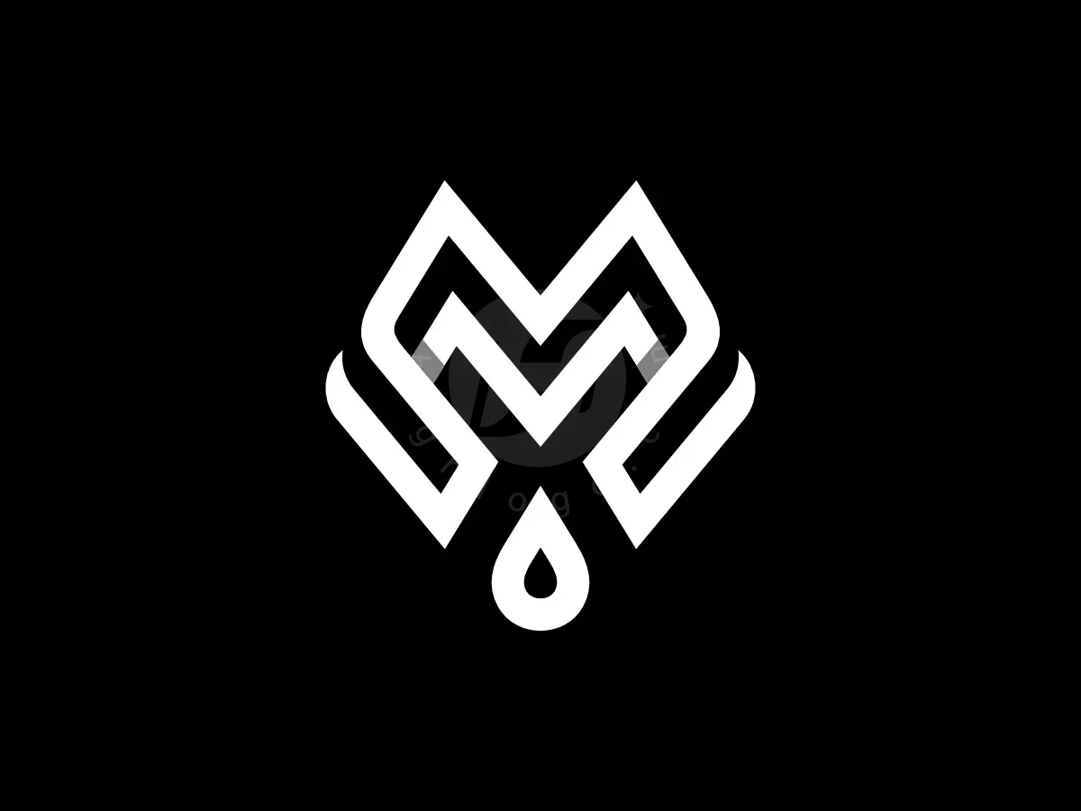 Combining a map pin and droplet, this white linear logo forms abstract letters M and W on black.