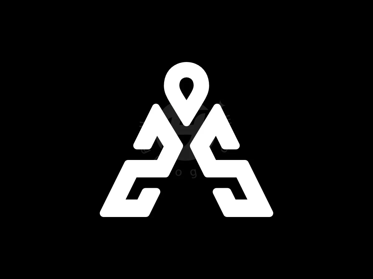Symmetry defines this white logo where mirrored letters form a triangle topped with a location pin symbol.