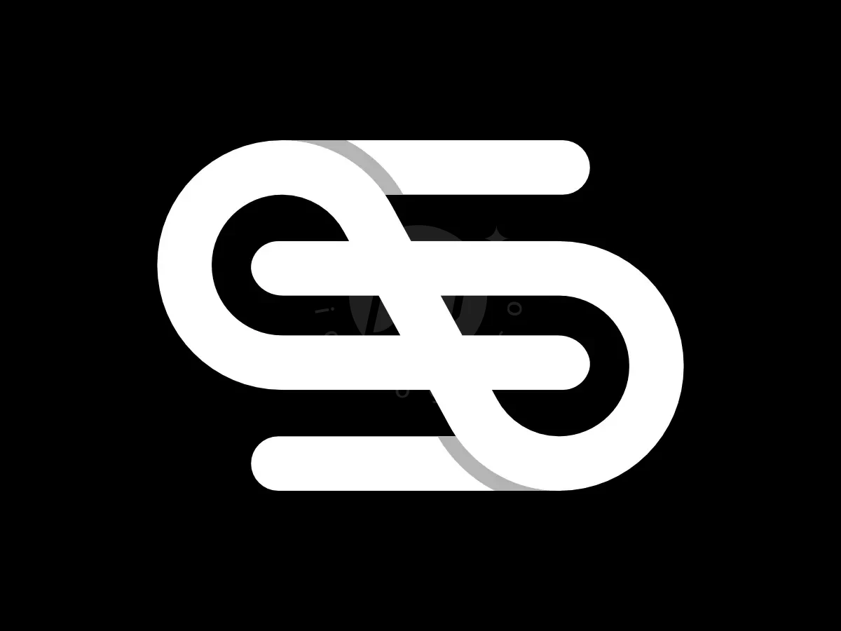Interlocking white bands form a letter S infinity monogram logo on black, featuring subtle shadows for a looping effect.
