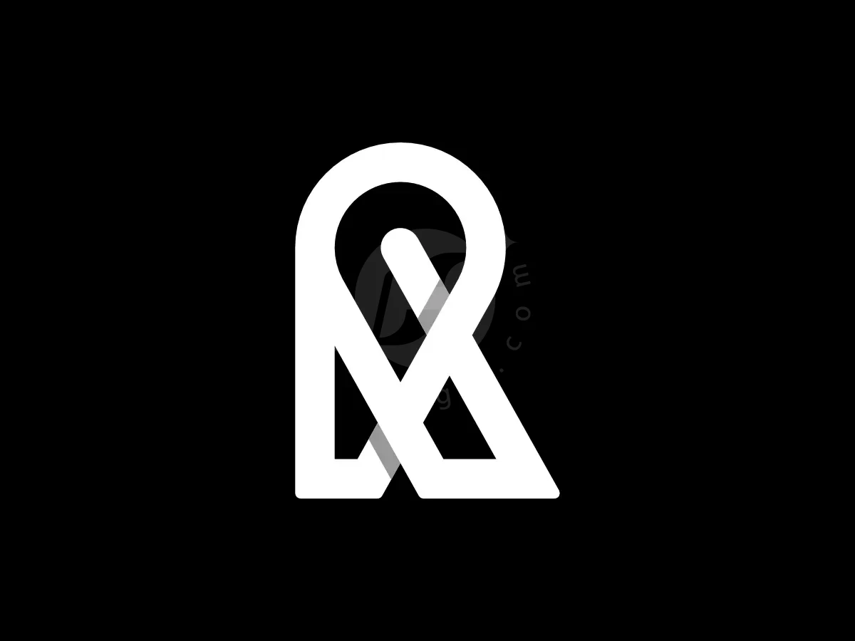 Logo featuring a white monoline letter R and map pin location lettermark on a black background.