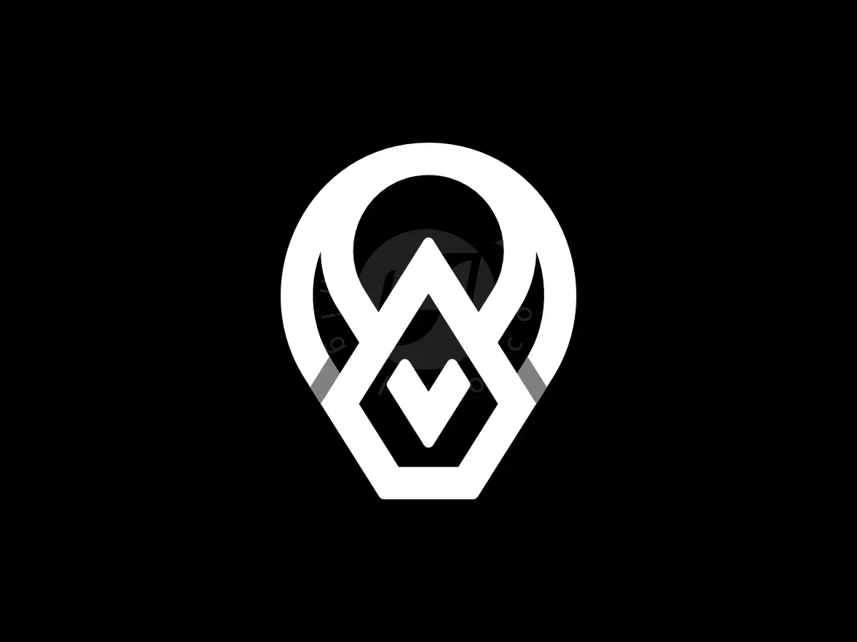 Letter A Pin Map Location Diamond Monogram Logo, Symmetrical white lines form a teardrop-shaped emblem containing integrated 'A' and 'V' shapes on a solid black background.