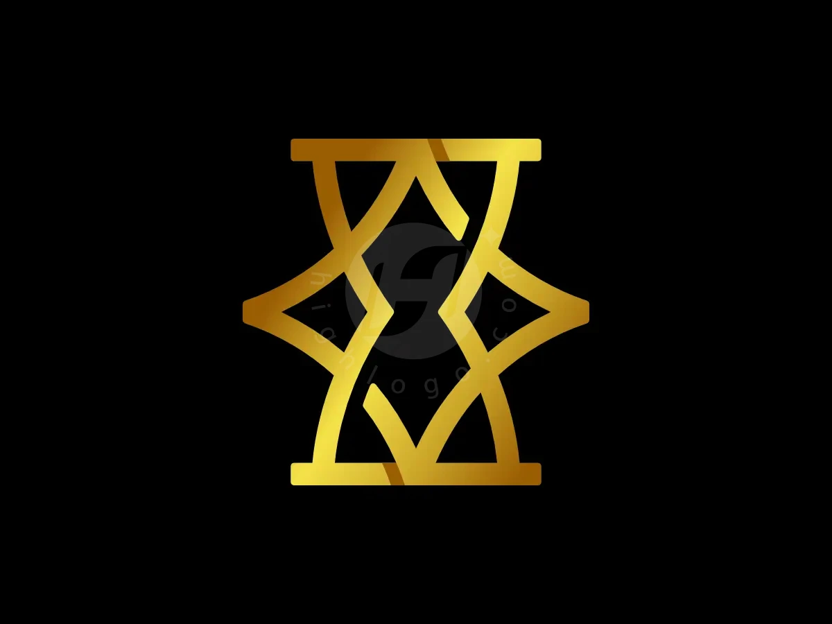 Star Shuriken Sandglass Gold Line Logo, Gleaming gold curves and horizontal bars intertwine to create a symmetrical geometric emblem centered on a dark black canvas.