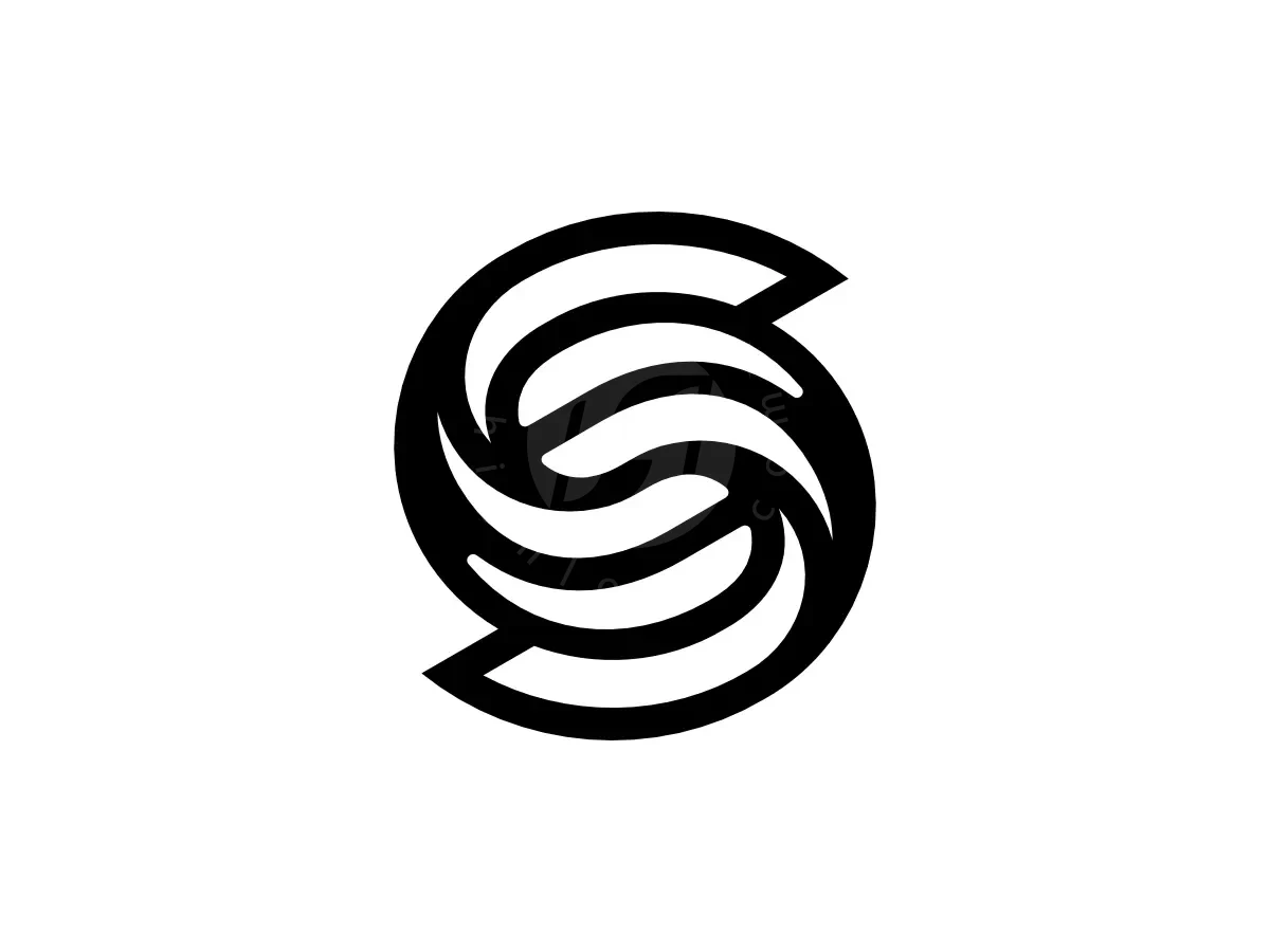 Letter S Tech Spiral Geometric Multiline Monogram Logo, Swirling black bands intertwine to form a dynamic, circular letter S emblem over a solid white backdrop.