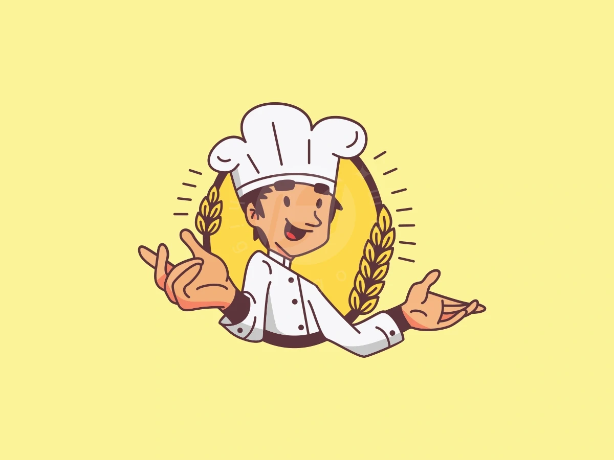 Wheat stalks frame a smiling chef in a white hat within this circular yellow grain chef logo.