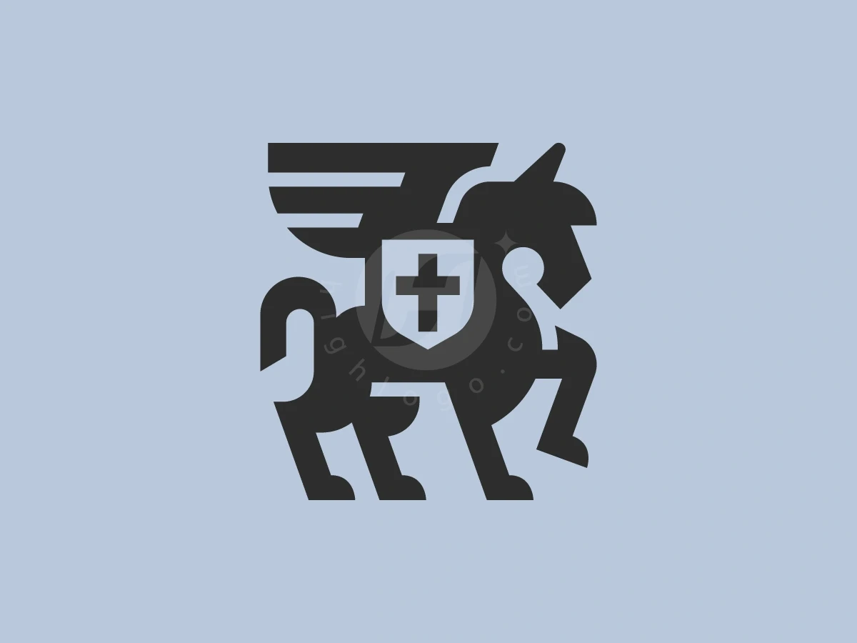 Winged Unicorn Cross Shield Logo - Animal Logo design by Januzich for sale on Highlogo