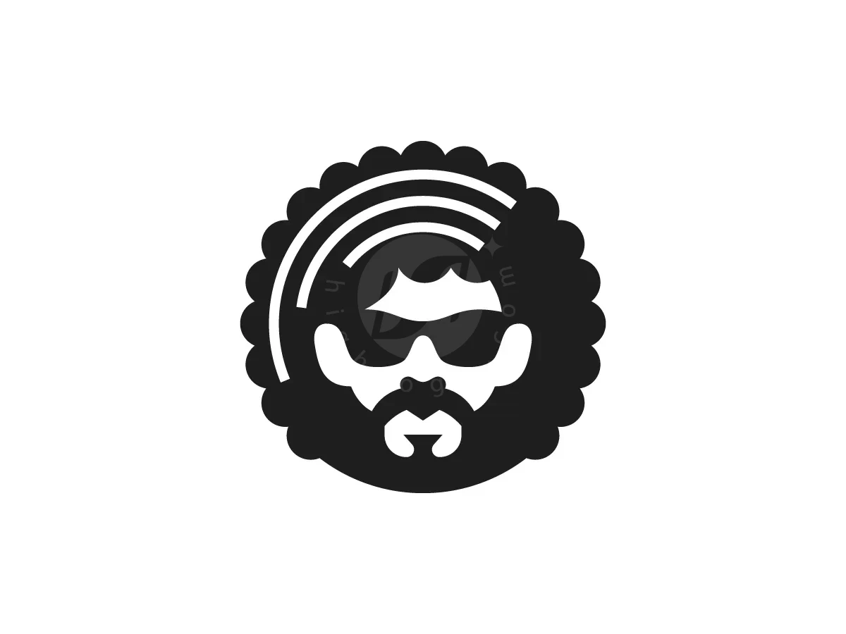 Afro Haircut Vinyl Disc Logo, Black-and-white circular emblem features a stylized bearded man wearing sunglasses with an afro and curved headphone lines.