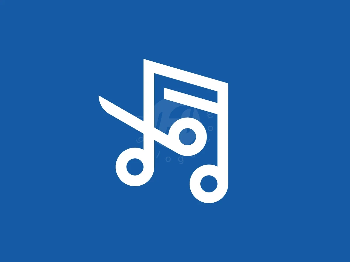 Scissor Music Note Symbol Logo, Scissors seamlessly merge into a musical note shape formed by bold white outlines against a solid blue background.