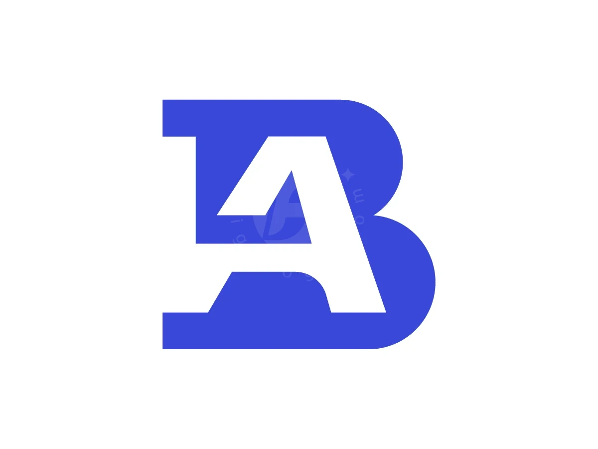 Letter AB Negative Space Logo, Letters B and A intertwine to form a bold royal blue and white geometric monogram on a plain background.