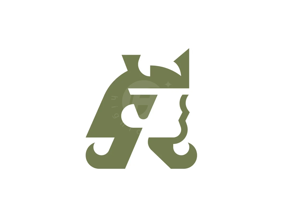Faceless Queen Wavy Hair Logo, Letter R crafted in olive green cleverly forms a helmeted warrior's profile within negative space on white.