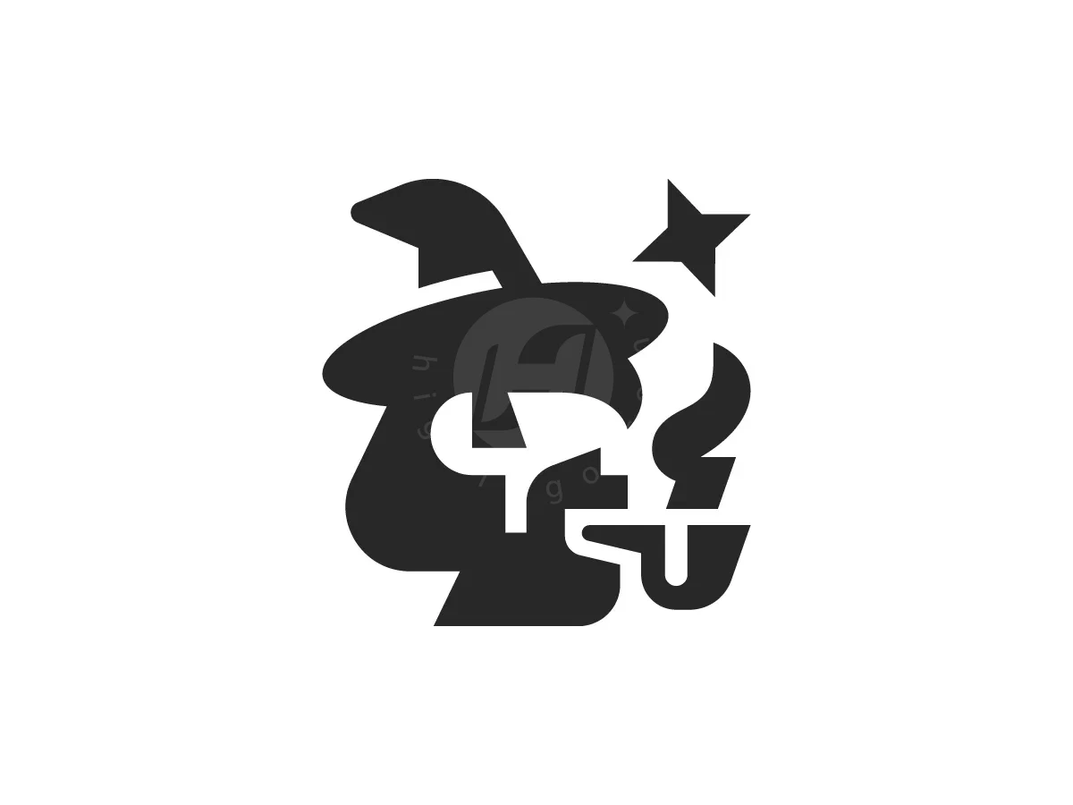 Bearded Wizard Smoking Pipe Logo, Set against white, black shapes depict a wizard wearing a pointed hat, smoking a pipe beside a four-pointed star.
