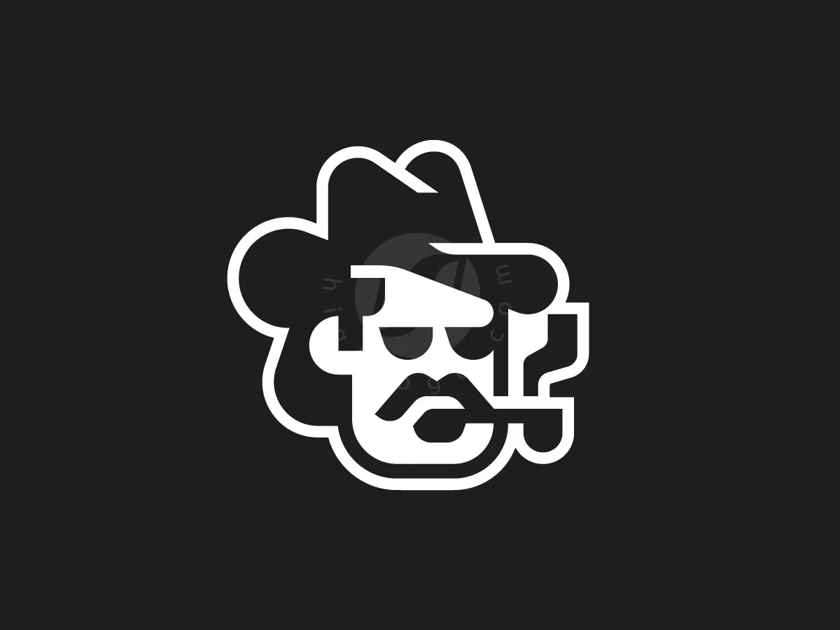 Mustache Cowboy Smoking Pipe Logo, Vector shapes create a mustachioed cowboy wearing sunglasses and smoking a pipe, rendered in bold black and white.