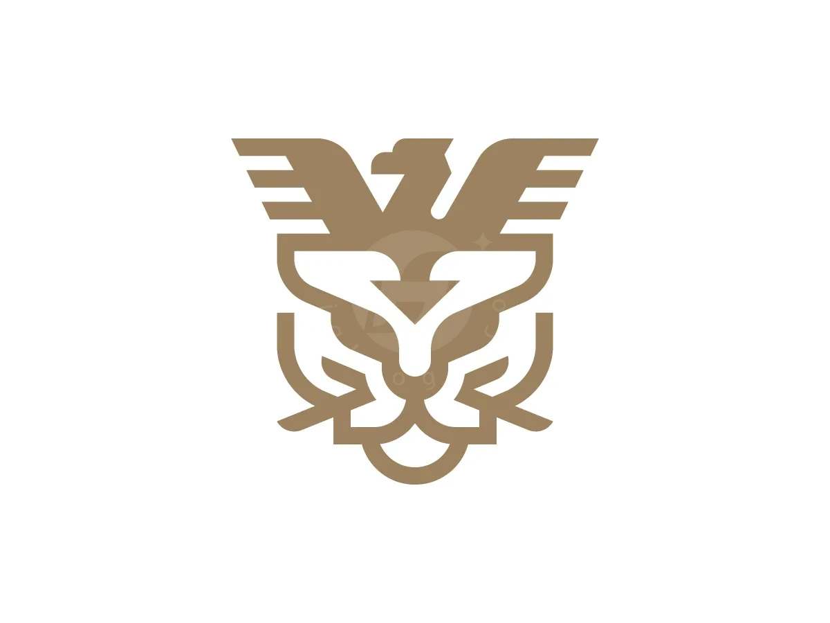 Tiger Eagle Crown Wings Logo, Set against white, tan geometric lines seamlessly combine a winged eagle and a feline face emblem.