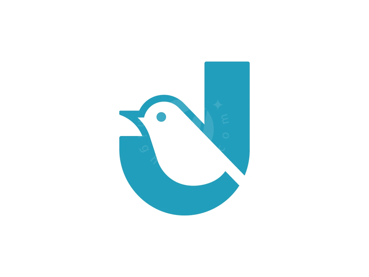 Letter J logo features a bird silhouette created through negative space using a modern teal and white palette.