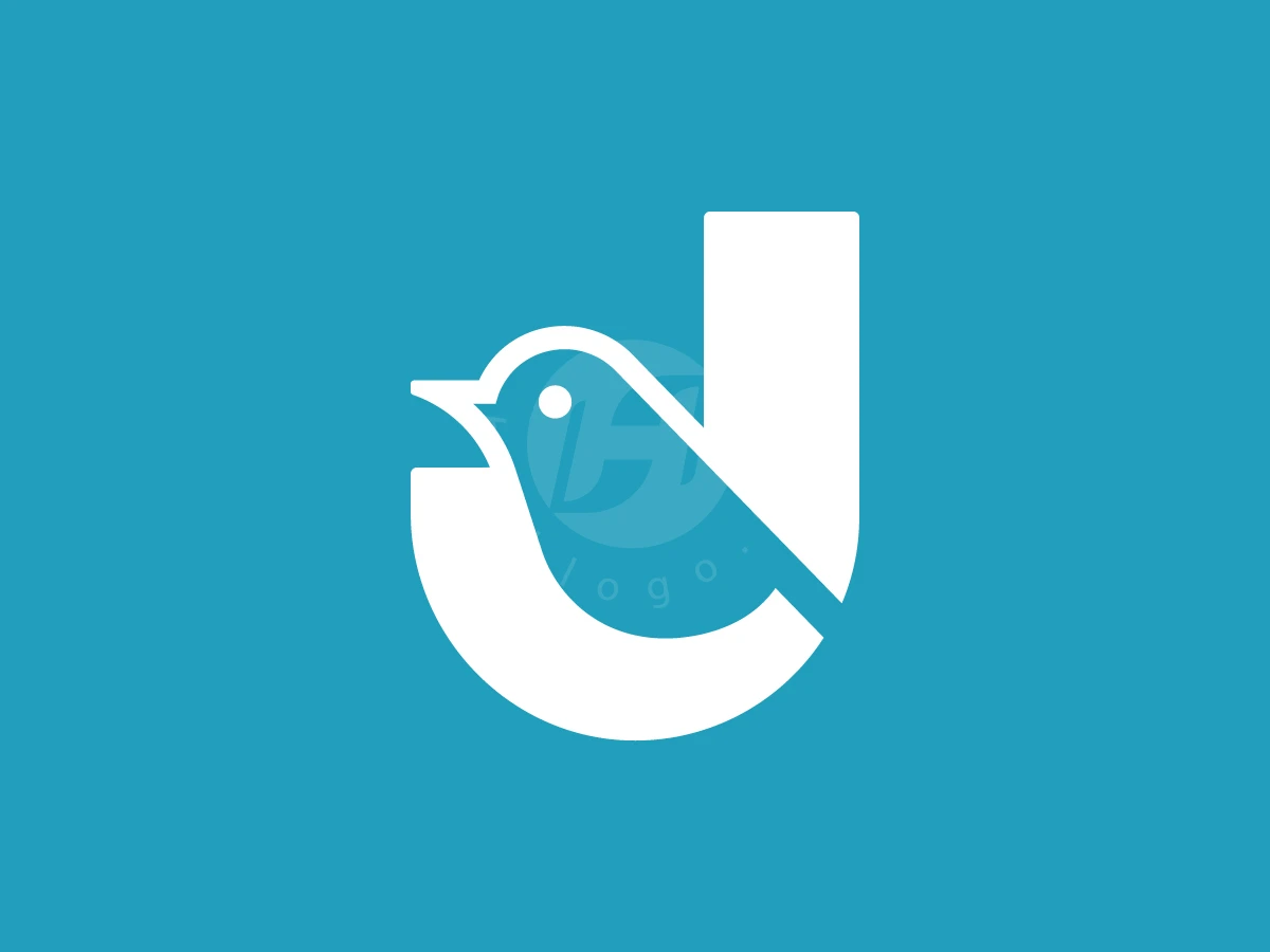 Bird profile integrated into a white lowercase letter J logo against a vibrant blue background.