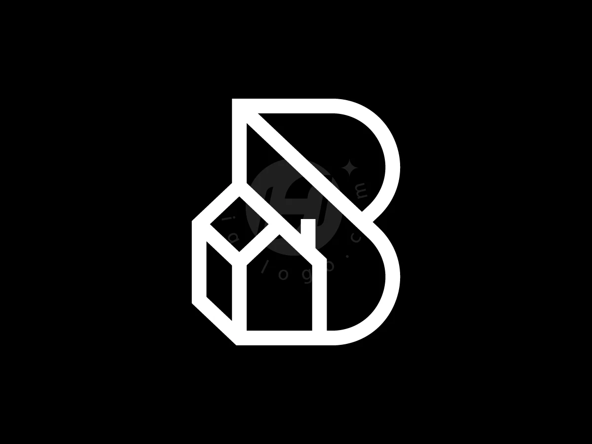 Combining a house outline with the letter B, this white geometric logo provides a modern look on black.