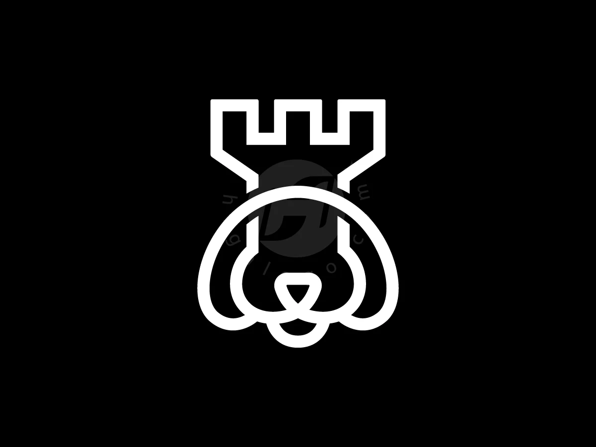 Castle turrets and dog features blend into a white monoline logo centered on a black background.