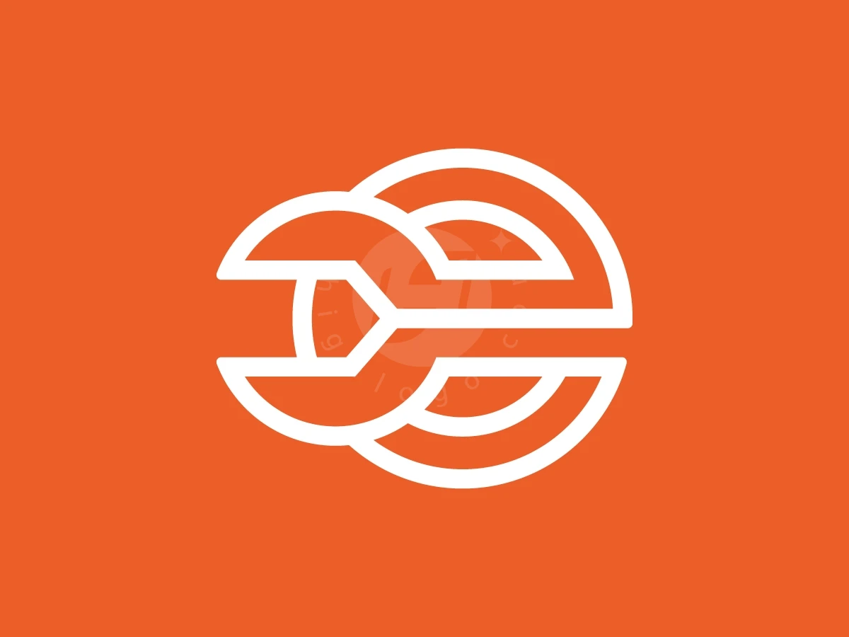 Wrench and letter E shapes merge into a white circular logo against a solid orange background.