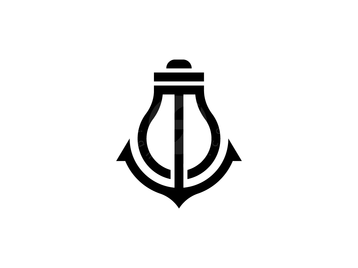 Symmetry defines this modern black and white anchor bulb logo, merging a light bulb silhouette with sharp geometric flukes.