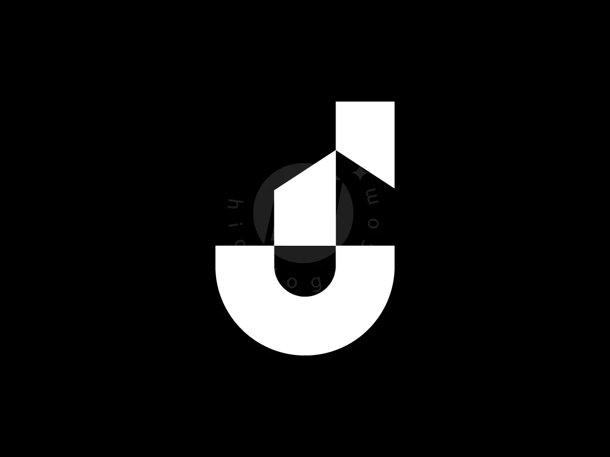 Against a black background, white geometric shapes form a house-shaped letter J logo with sharp angles and curves.