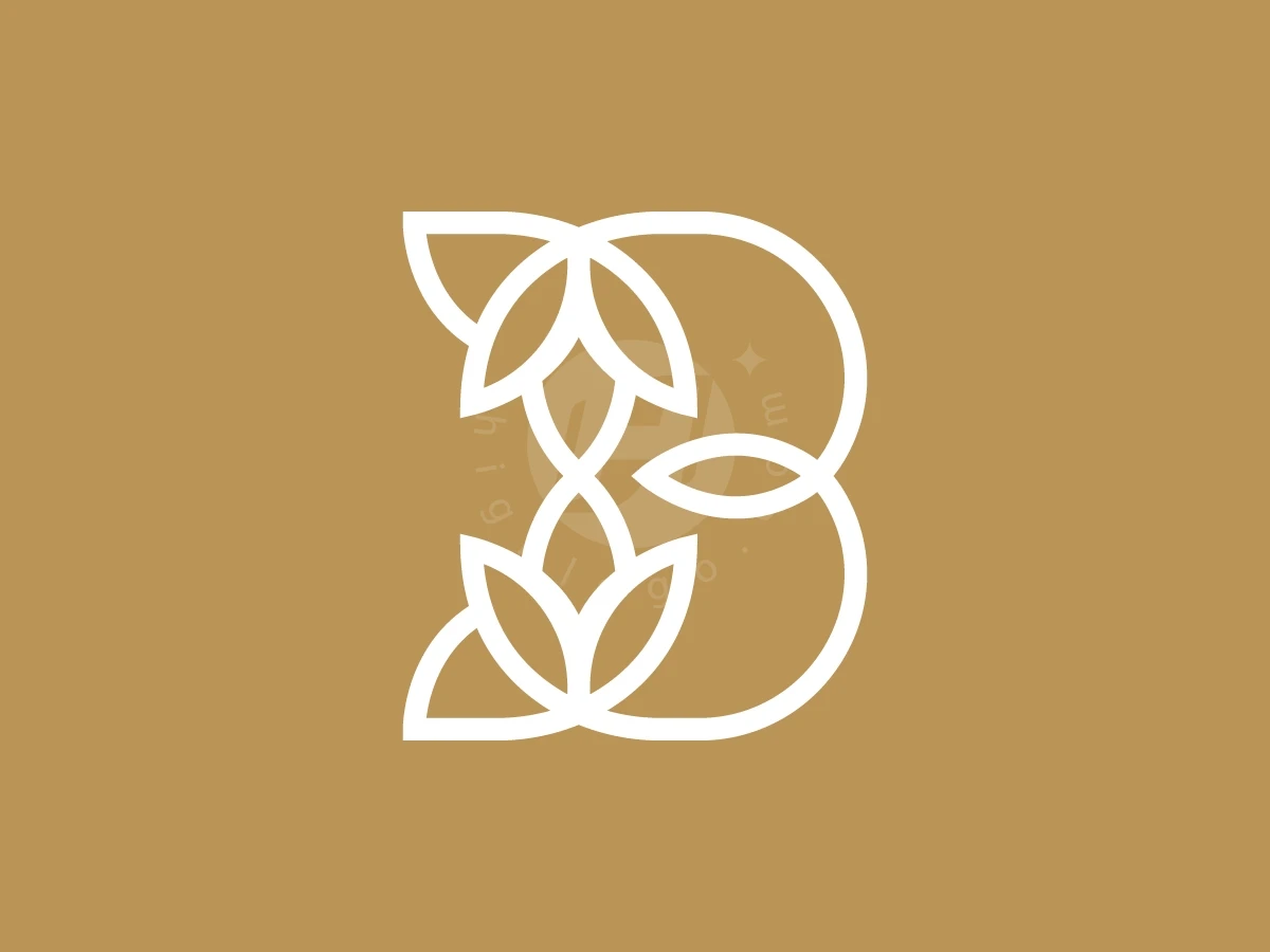 Intertwining white lines form a letter B logo with floral petals against a solid gold background.