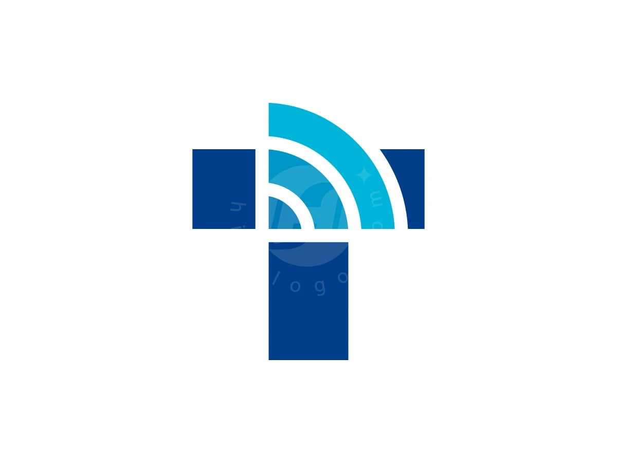 Wifi signal bars in light blue are integrated into a dark blue letter T within this logo.