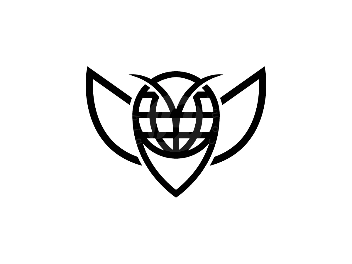 Owl bird features and globe grid lines combine into a black and white symmetrical brand logo.