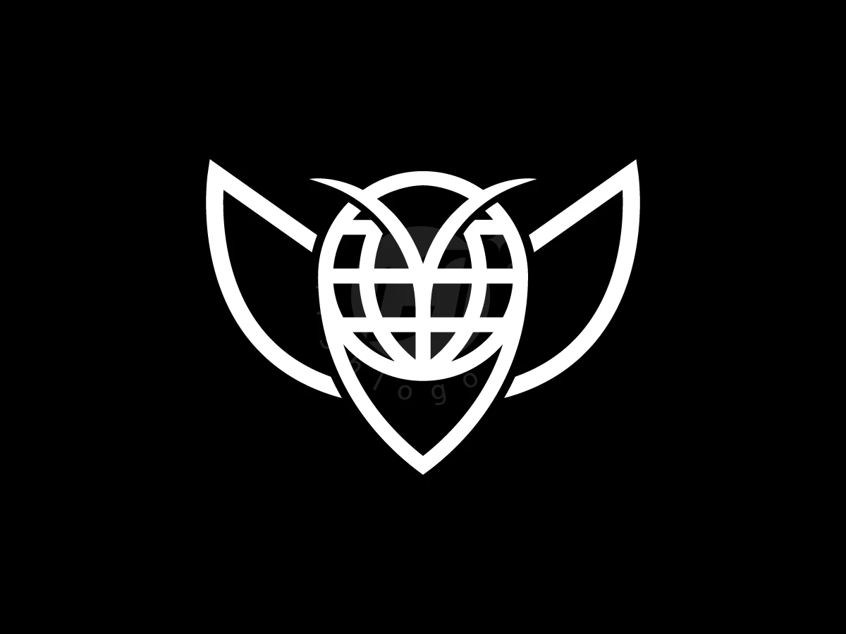 Wings and a circular grid form this white owl bird with globe logo on a black background.