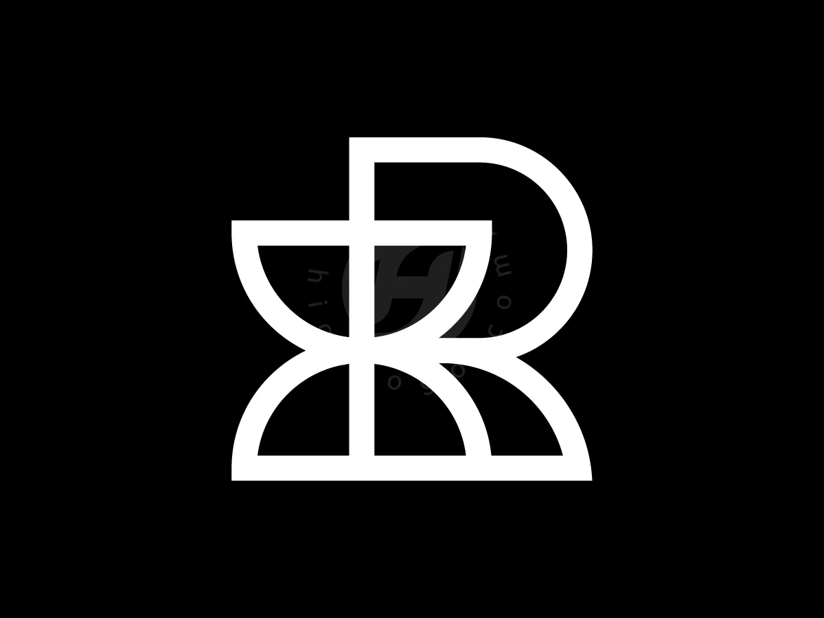 Combining a letter R and hourglass, white geometric lines create a logo on a solid black background.