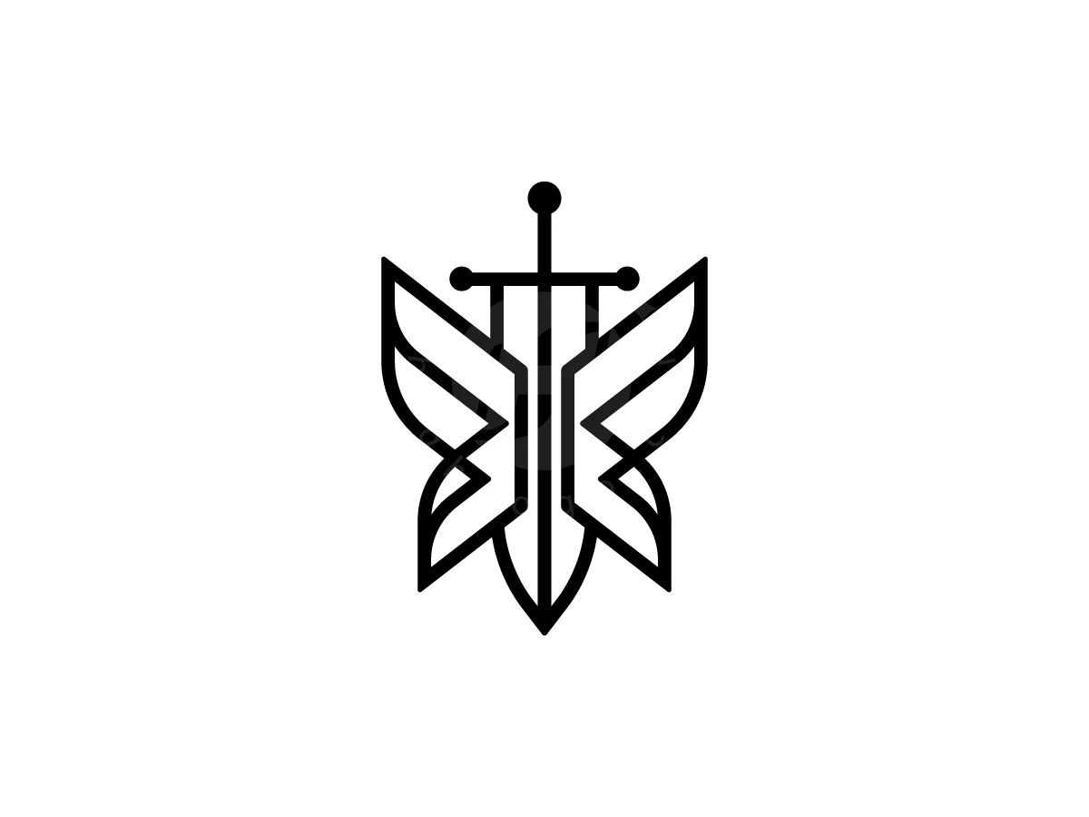 Symmetry defines this flying butterfly with sword logo, featuring sharp black lines on a white background.