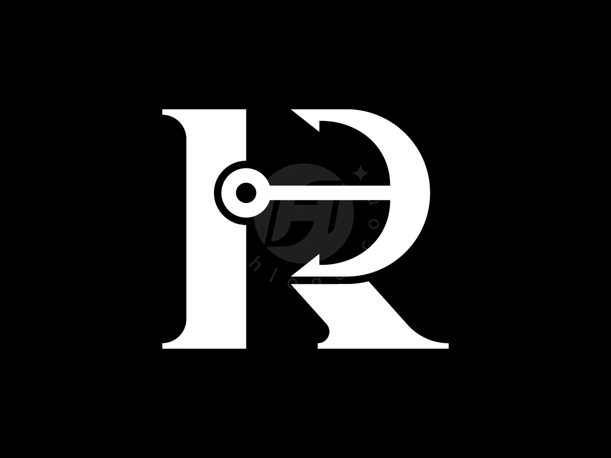 Incorporating a horizontal ship anchor into a white serif letter R, this logo uses a bold black background.