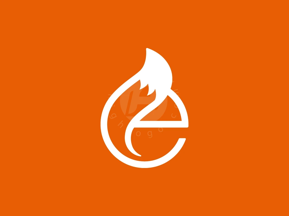 Orange background features a white lowercase letter e logo integrated with a stylized, fluffy fox tail.