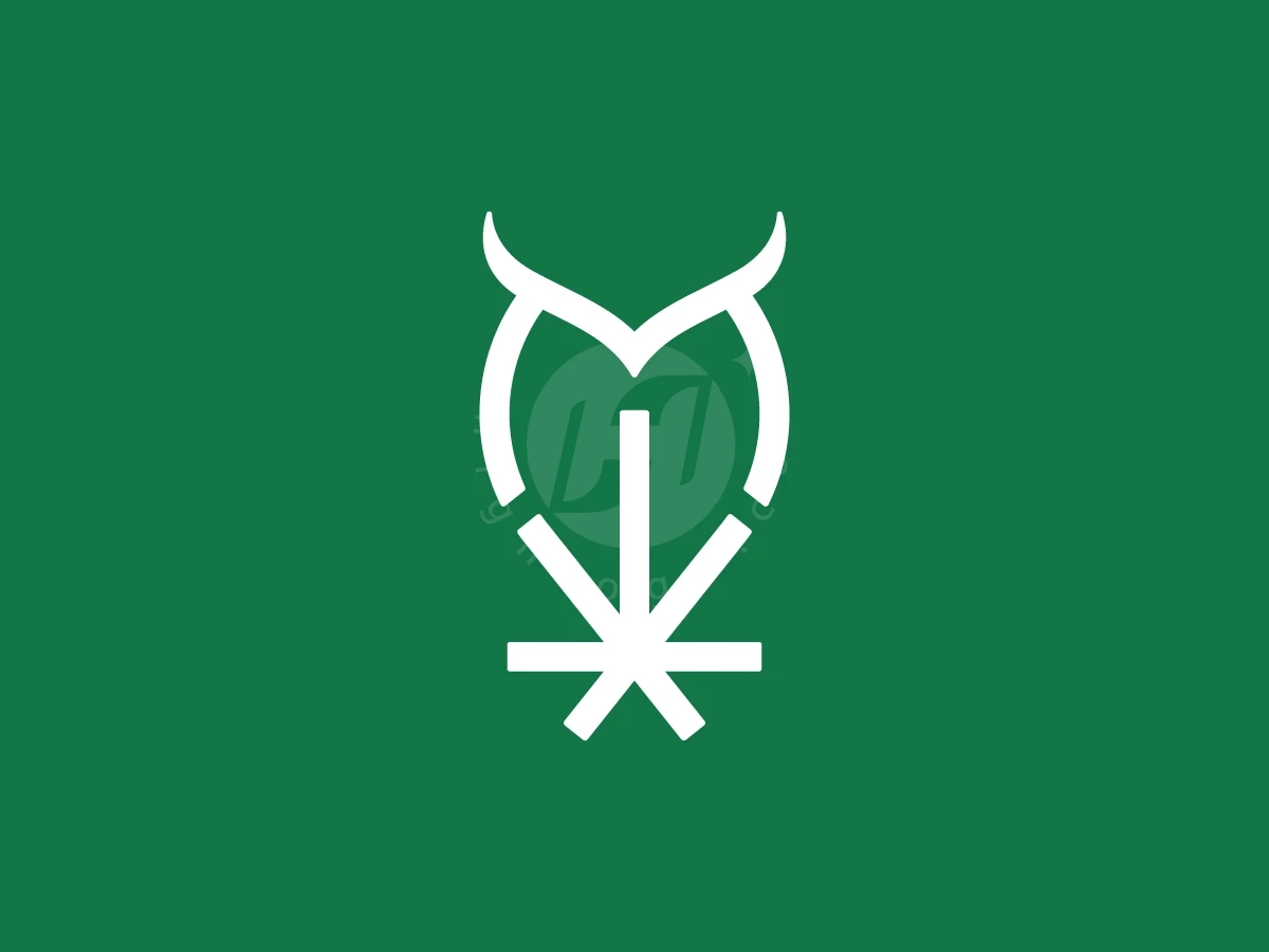 Owl bird with cannabis leaf logo features white monoline art centered on a solid green background.