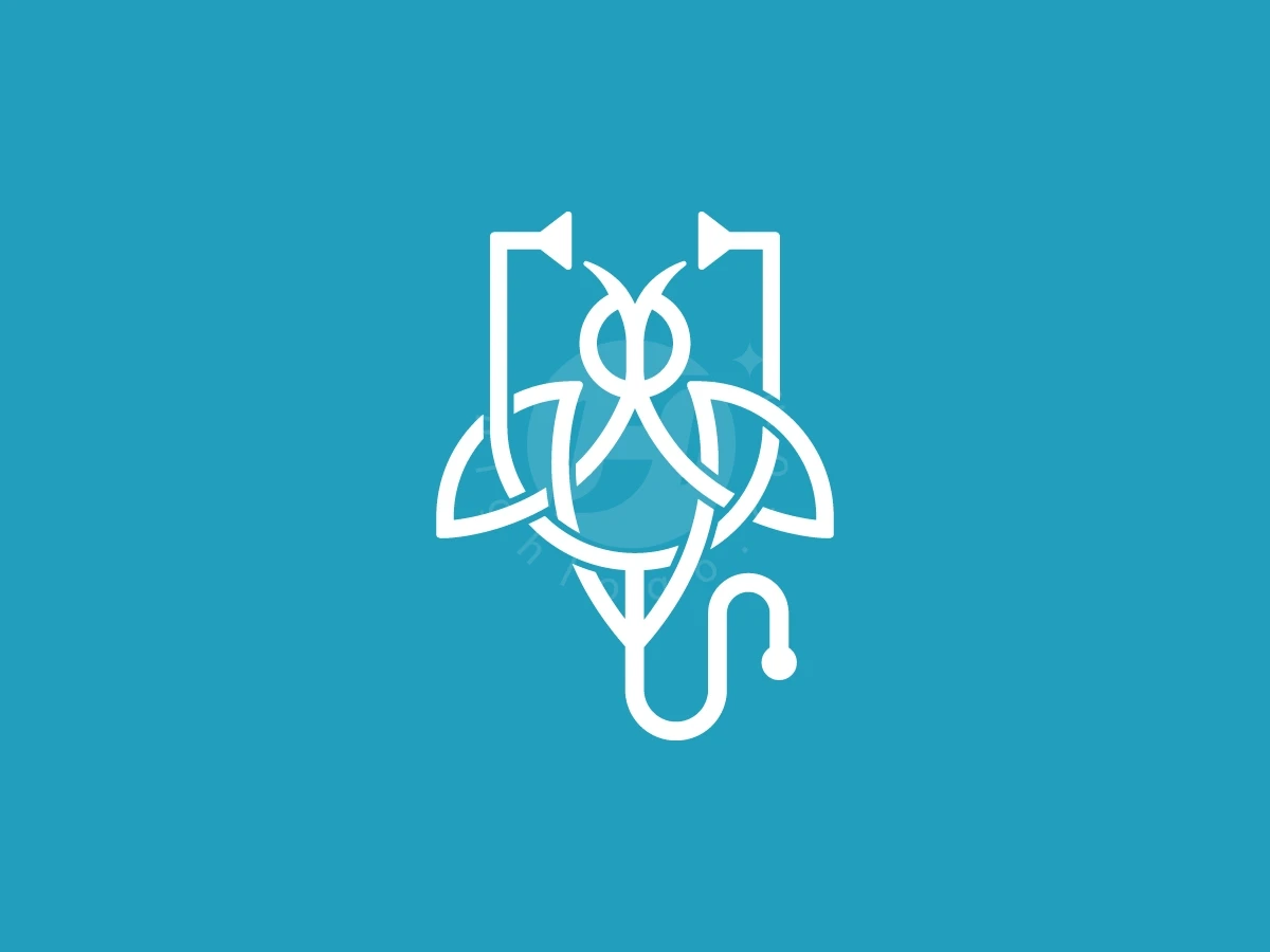 Against a teal background, this logo features a flying bee cleverly formed from white stethoscope lines.