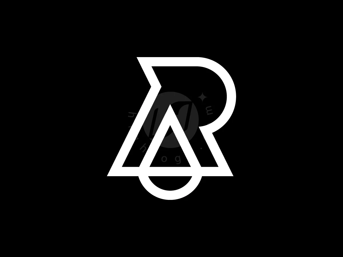 Combining a letter R with law scales, white geometric lines form a logo on a black background.
