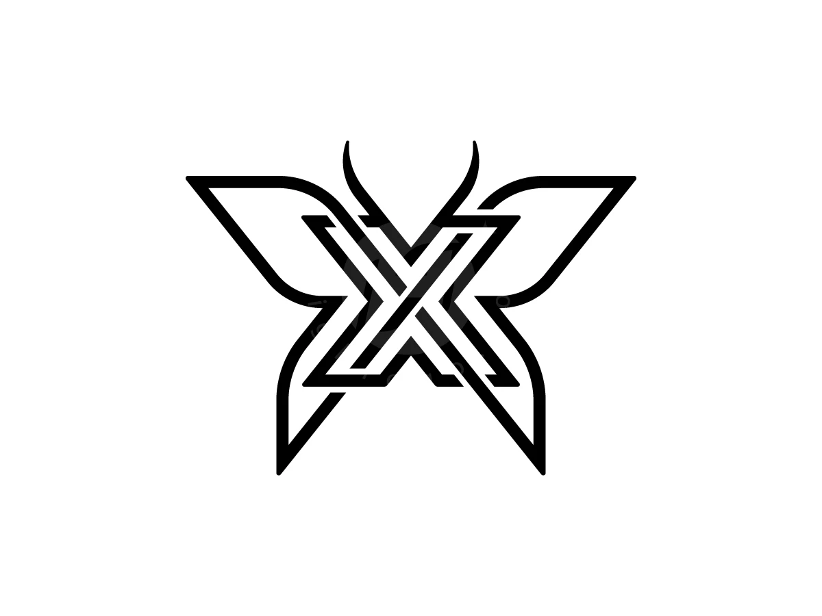 Letter X and butterfly wings are formed by bold black outlines in this minimalist monochrome logo.