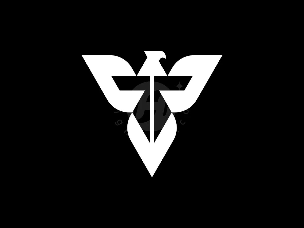 Eagle wings merge with a stylized letter T to form a sharp white geometric logo on black.