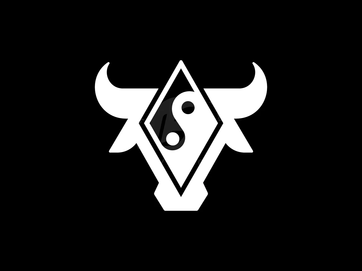 Bull Head With Yin Yang Logo, Symmetry defines this white bull head featuring a diamond-shaped yin-yang symbol centered against a solid black background.