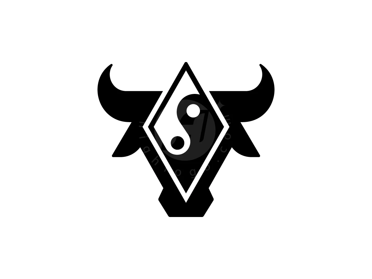 Bull Head With Yin Yang Logo, Bull head silhouette in black features a diamond-framed yin-yang symbol centered between two sharp horns on white background.