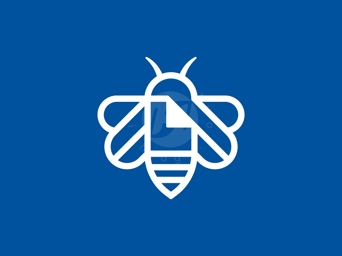Flying Bee With Document Logo, Bee outlines in white feature an integrated letter L, set against a solid blue background.
