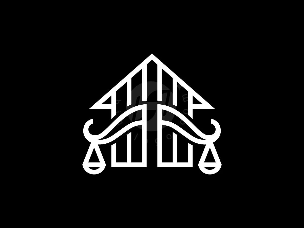 House With Scales Justice Logo, White geometric lines form a house silhouette integrated with a mustache and justice scales on a black background.