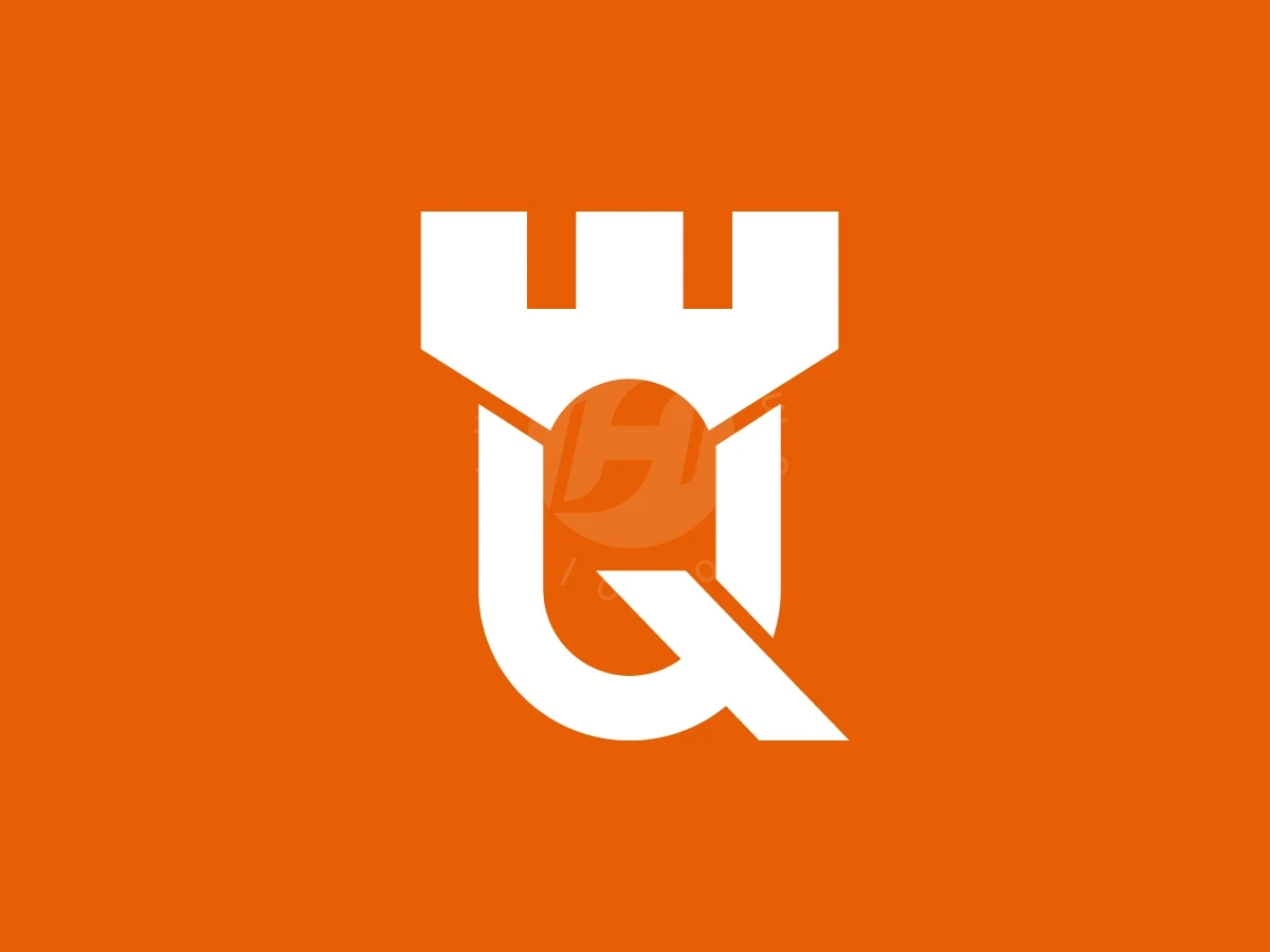 Letter Q With Tower Castle Logo, Against a solid orange background, white geometric shapes merge a castle battlement with a stylized letter Q.