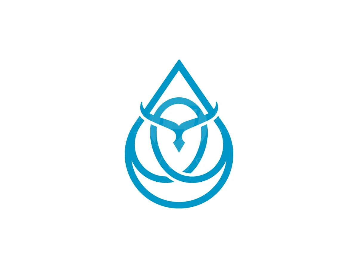 Water Drop With Owl Bird Logo, Flowing blue lines create a teardrop silhouette enclosing a stylized winged bull emblem on a white background.