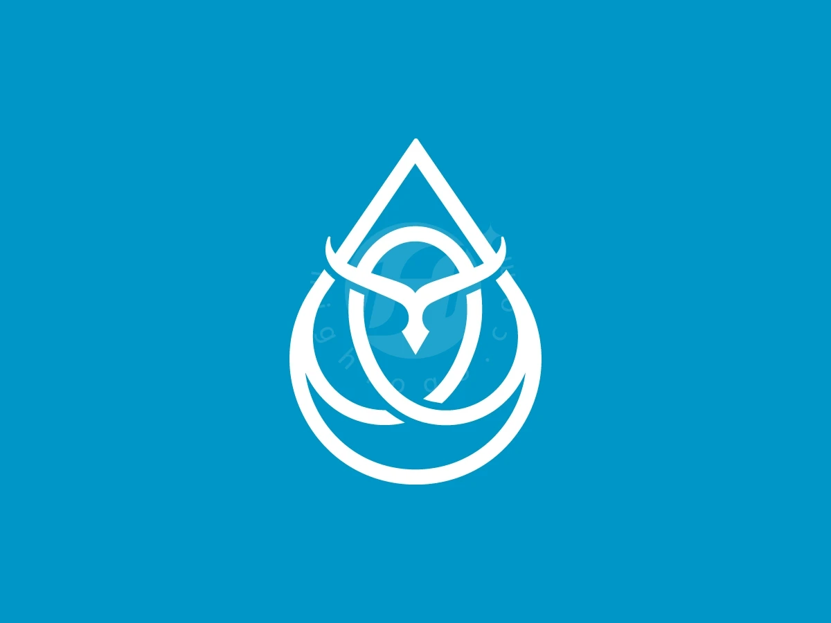 Water Drop With Owl Bird Logo, Interlocking white lines create an owl's face within a water droplet silhouette on a blue backdrop.