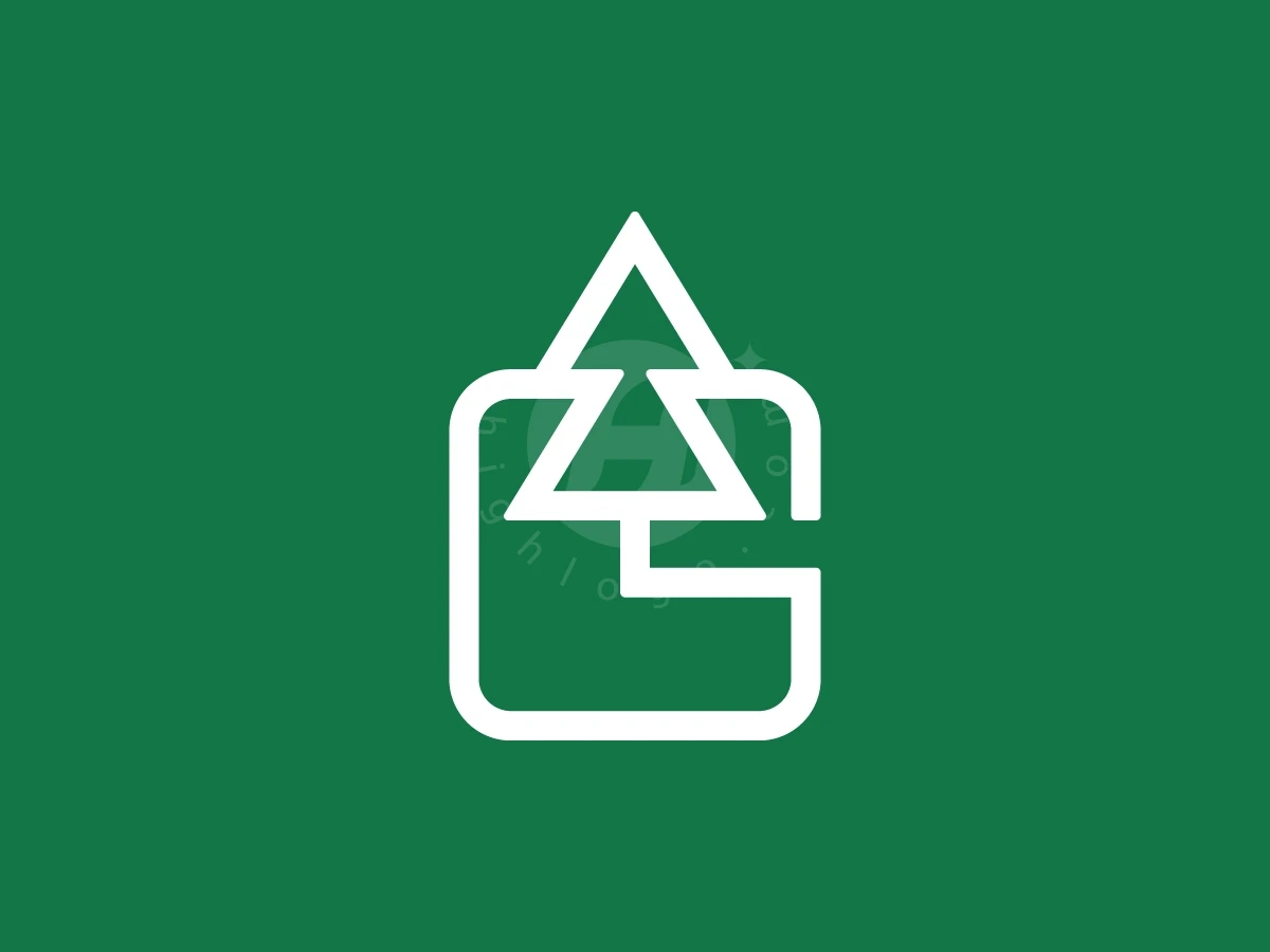 Letter G With Pine Tree Logo, Forest green backdrop features a white linear pine tree combined with a rounded square geometric frame.