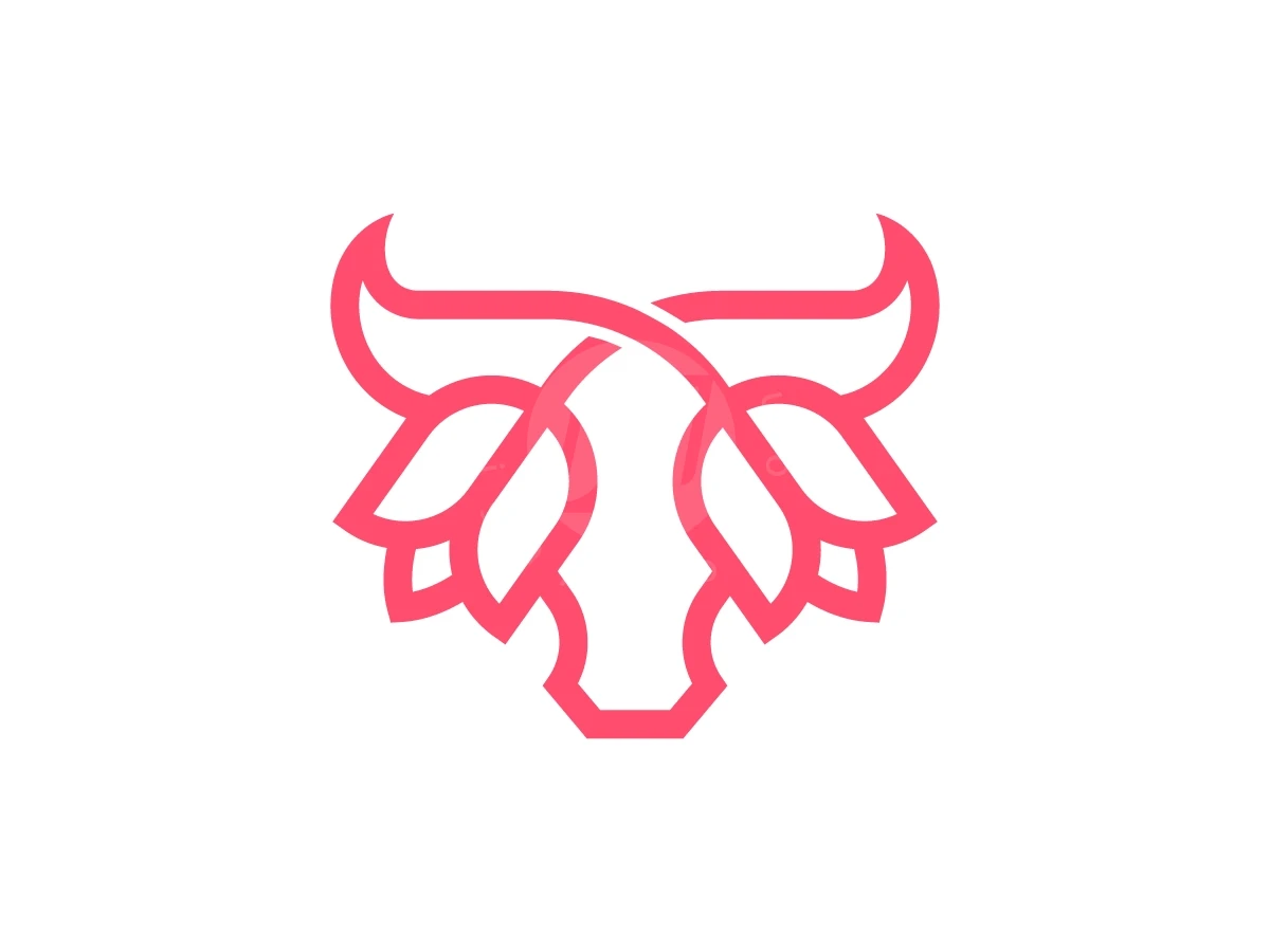 Bull Head With Flower Logo, Symmetrical pink lines form a bull head combined with blooming lotus petals on a plain white background.