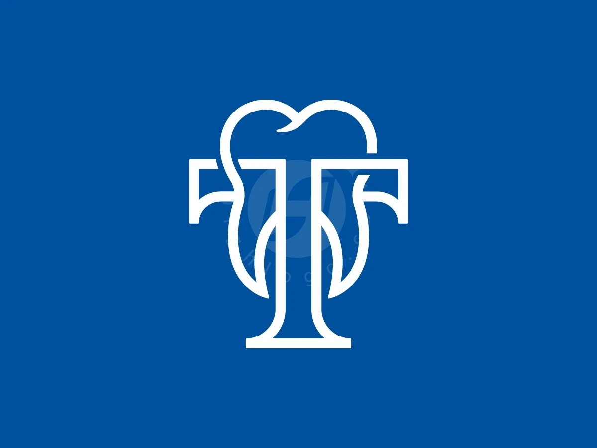 Letter T With Dental Logo, White outline of a tooth seamlessly merges with a capital letter T against a solid dark blue background.