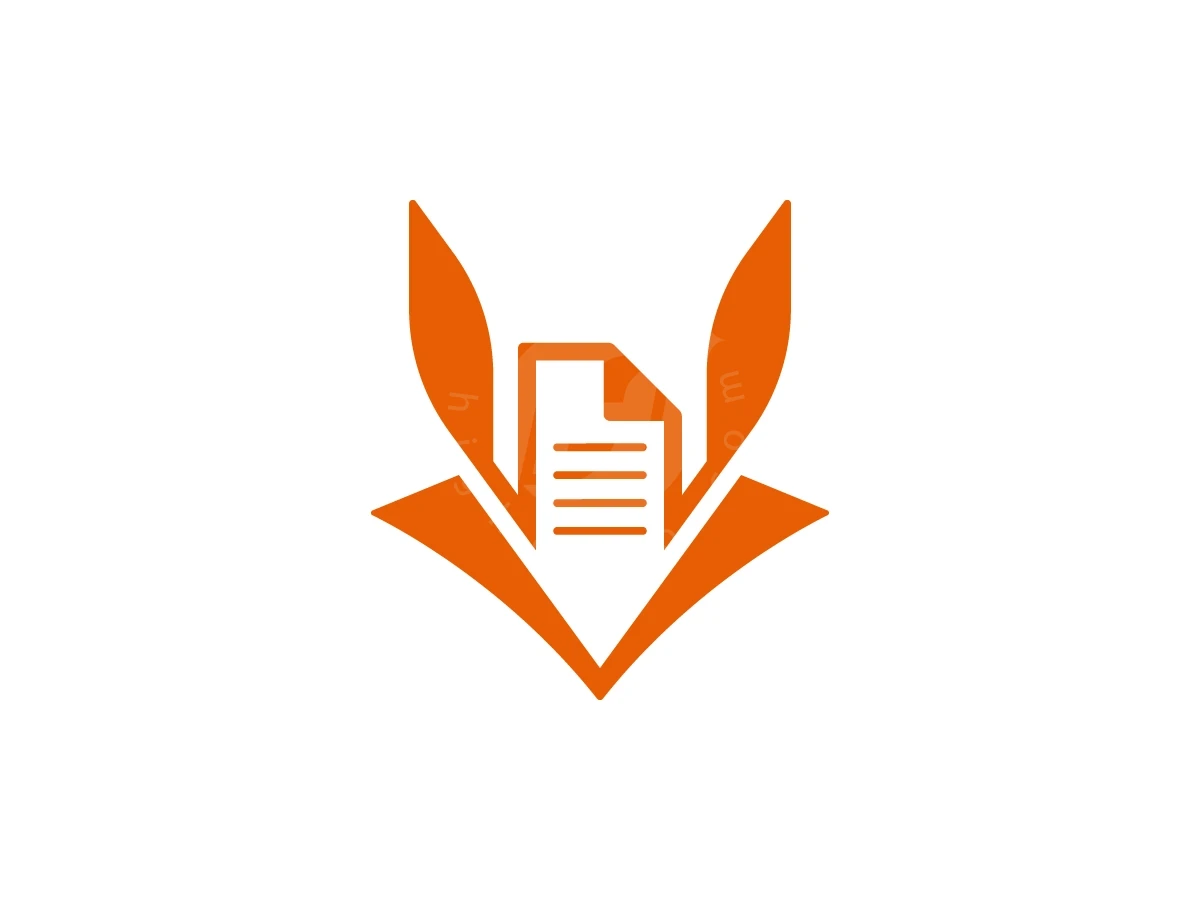 Fox Head With Document Paper Logo, Orange stylized fox ears frame a white document icon with horizontal lines on a solid white background.
