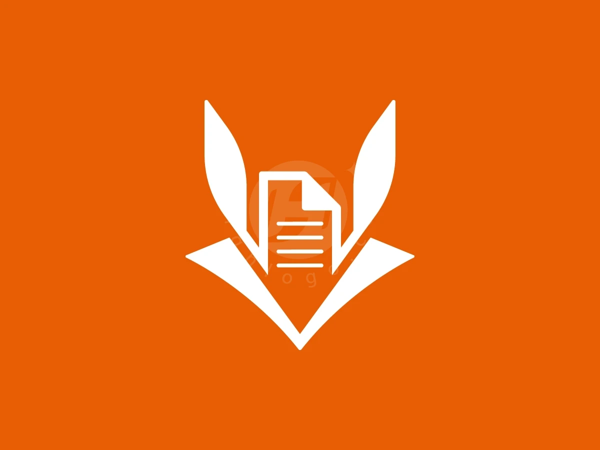 Fox Head With Document Paper Logo, Against a vibrant orange background, a white graphic merges a document icon with stylized fox ears and collar.